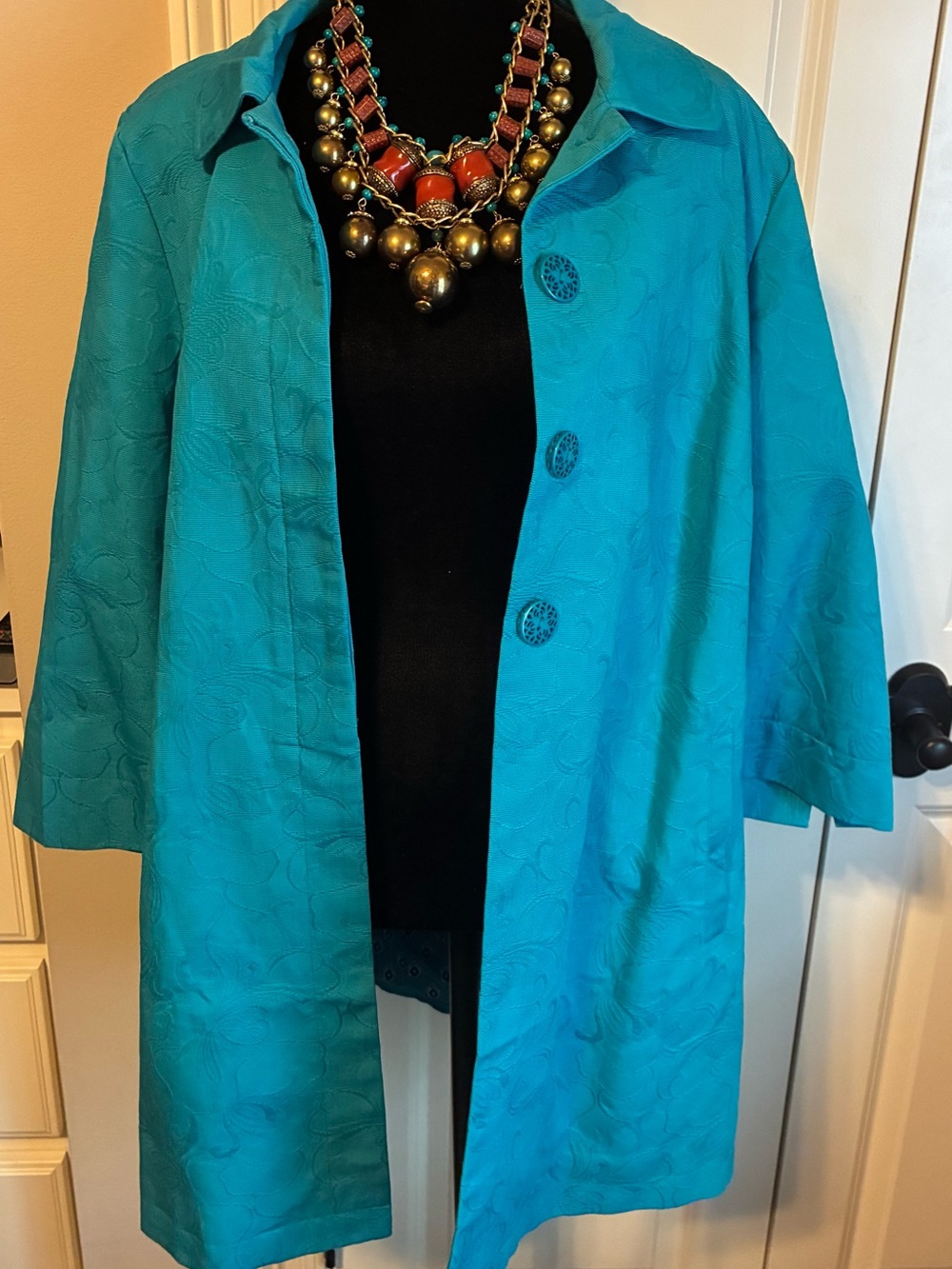 Chico's Teal 3/4 Sleeve Textured Jacket  (necklace sold separately).